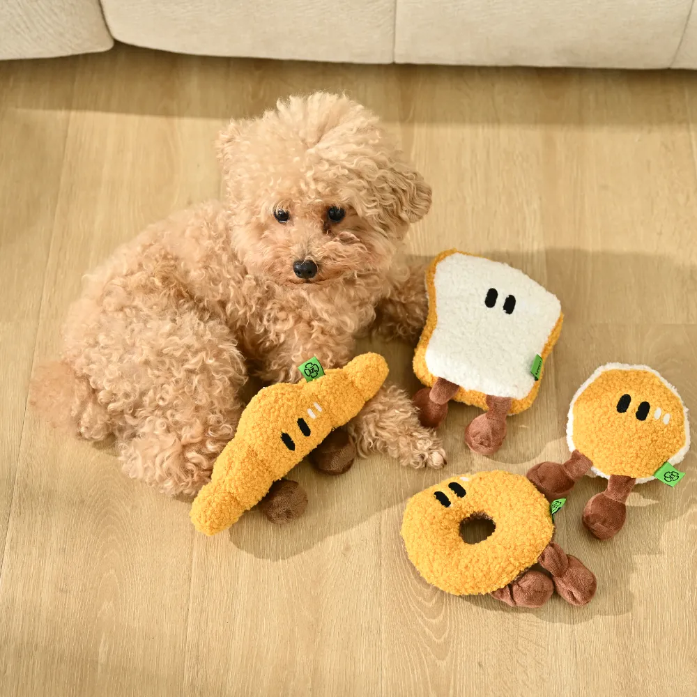 Wholesale Dog Plush Breakfast Bread Squeaker Toy Set, 4 Assorted Colors, 16pcsCarton