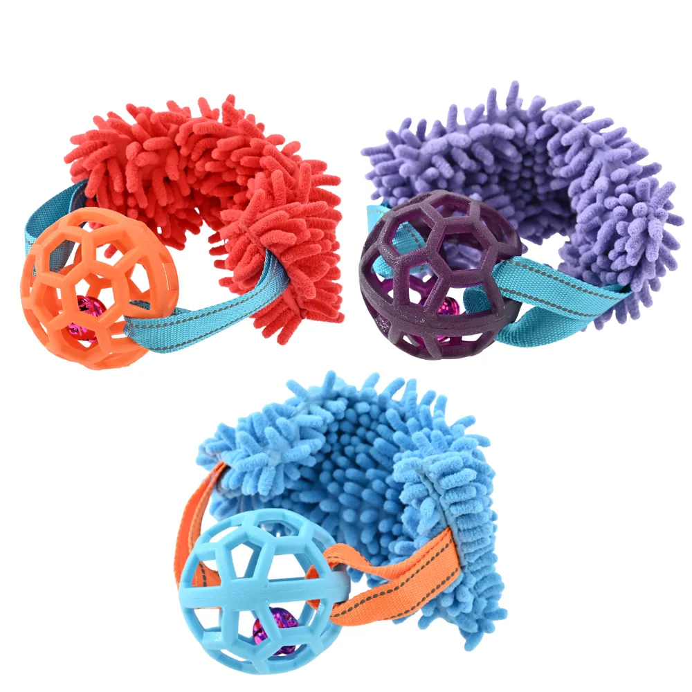 Wholesale Dog Tug Toy with Hollow TPR Ball, 3 Assorted Colors, 12pcsCarton