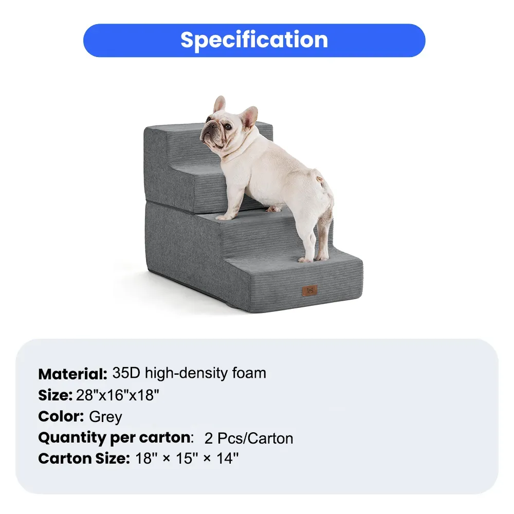 • Multifunctional pet stairs designed to lean securely against beds, sofas, and furniture, helping small, elderly, or recovering pets climb without stress. • Multiple height options available, with the 4-step wide version offering balanced support for medium-height beds and versatile everyday use. • Soft corduroy fabric enhances traction, while the non-slip base keeps the stairs firmly in place for safe, confident climbing. • Built with supportive 35D high-density foam that holds shape without hard boards and folds into a cozy resting bed when needed. • Removable, machine-washable cover for easy cleaning; allow 24–48 hours after unpacking for full foam expansion and optimal comfort.