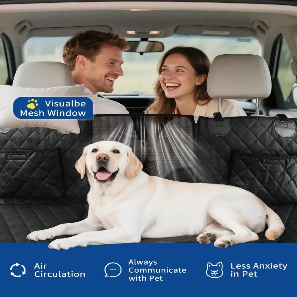 Dog relaxing on a quilted backseat deck with a breathable center window