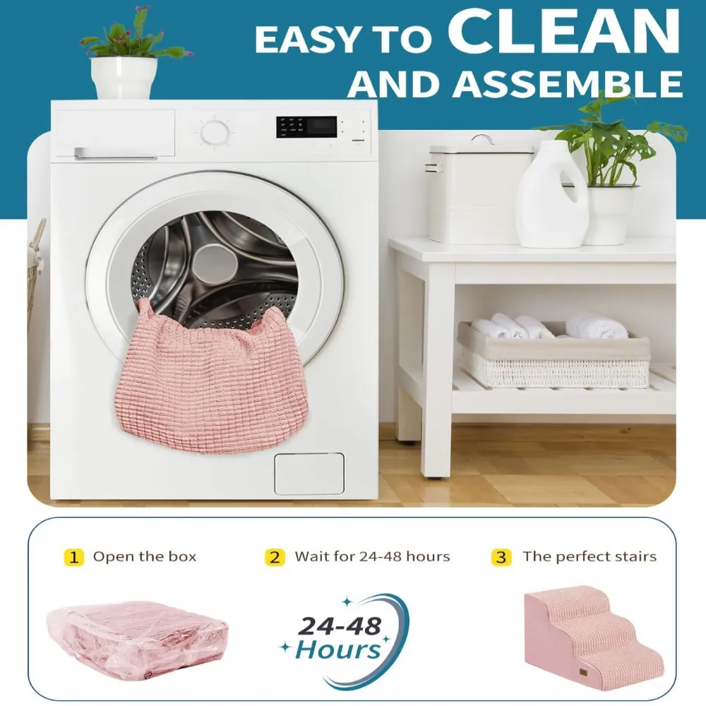 wholesale Pink 3-Step Dog Steps for High Bed, Non-Slip Surface & Washable Cover, 4 PcsCarton