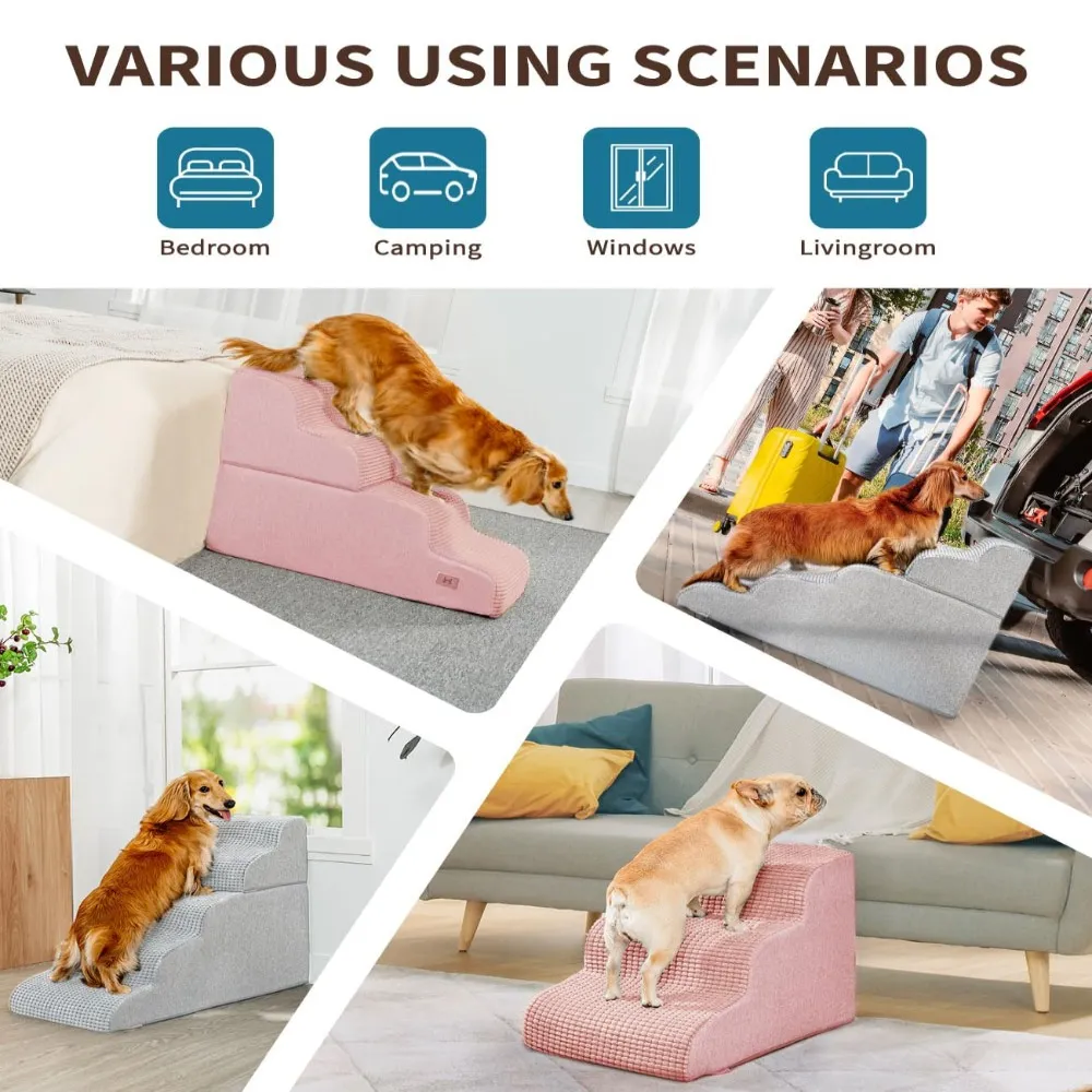 wholesale Pink 3-Step Dog Steps for High Bed, Non-Slip Surface & Washable Cover, 4 PcsCarton