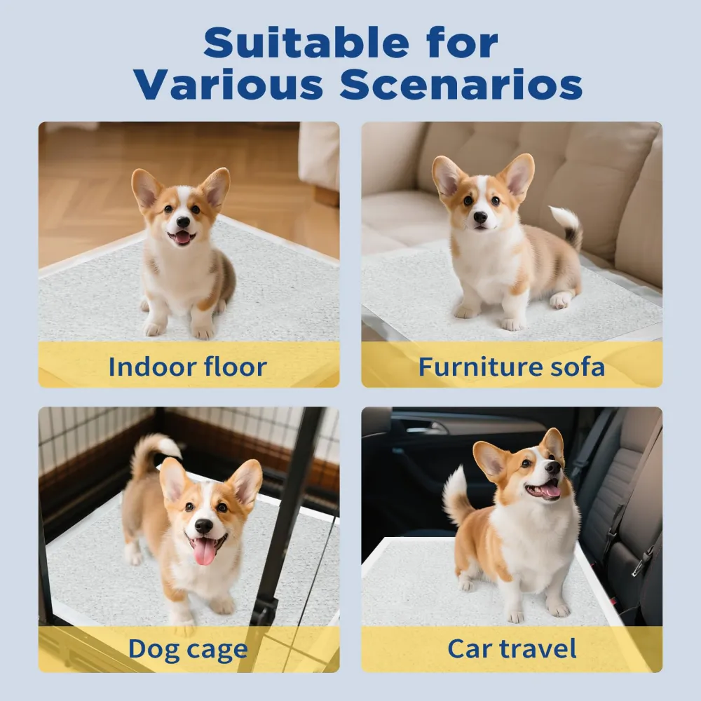 1. Odor-Control Mineral Cat Litter Infusion Enhanced with carbon mineral cat litter to absorb odors instantly, keeping your home fresh and pet-safe. 2. Leak-Proof Edge Protection Double-layered protective film and thick PE waterproof backing prevent edge and bottom leakage on floors, tiles, and carpets. 3. Ultra-Absorbent & Quick-Drying (1680ML / 7 Cups) SAP polymer core + mineral litter instantly turns liquid into gel, keeping the surface dry and hygienic. 4. Thick & Durable 5-Layer Structure Weighs 70g per pad, twice as thick as standard pads—more stable, tear-resistant, and harder for pets to drag around. 5. Ideal 22"x22" Size for Small Dogs Perfect for puppies, small-breed dogs, senior pets, crate liners, travel carriers, and daily potty training.