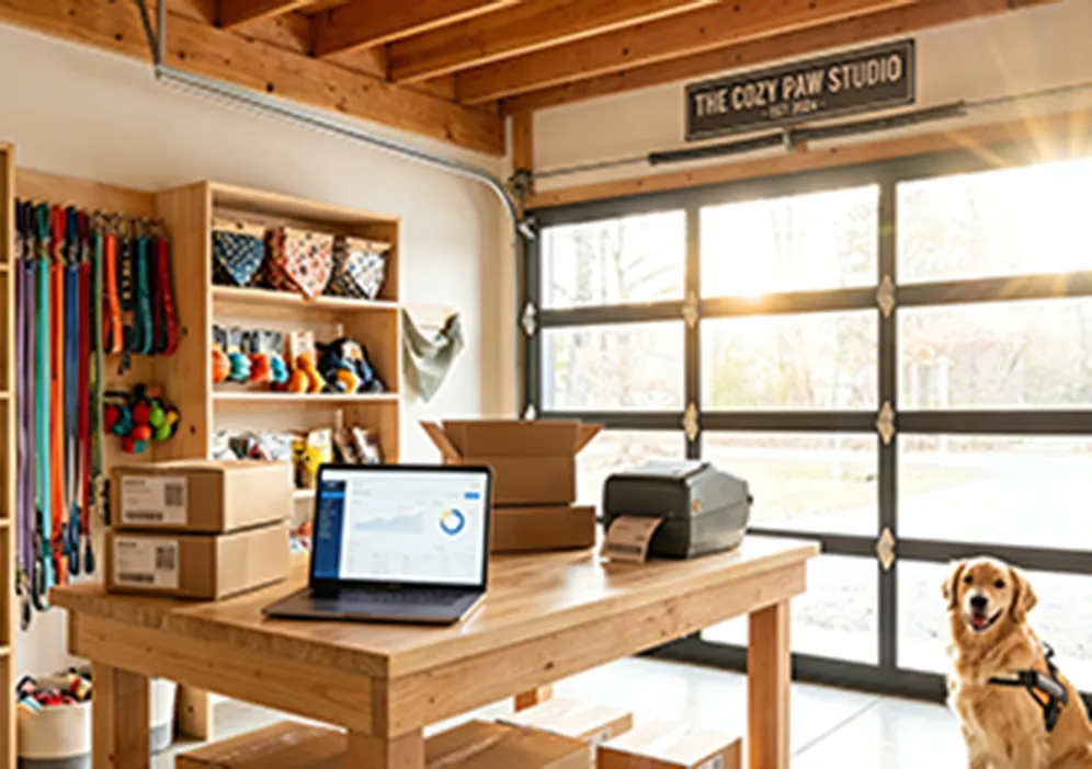Bright garage with pet supplies and dog.