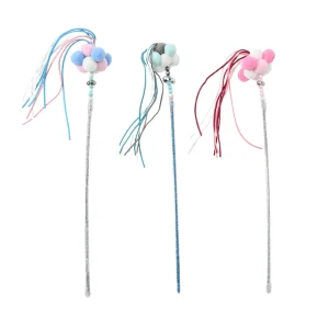 3-Color Mixed Pom-pom Cat Teaser Wand with Ribbons and Bells1_Cat Teaser Wand, 3 Colors Assorted, 50pcsCarton