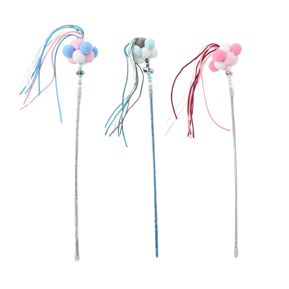 3-Color Mixed Pom-pom Cat Teaser Wand with Ribbons and Bells1_Cat Teaser Wand, 3 Colors Assorted, 50pcsCarton