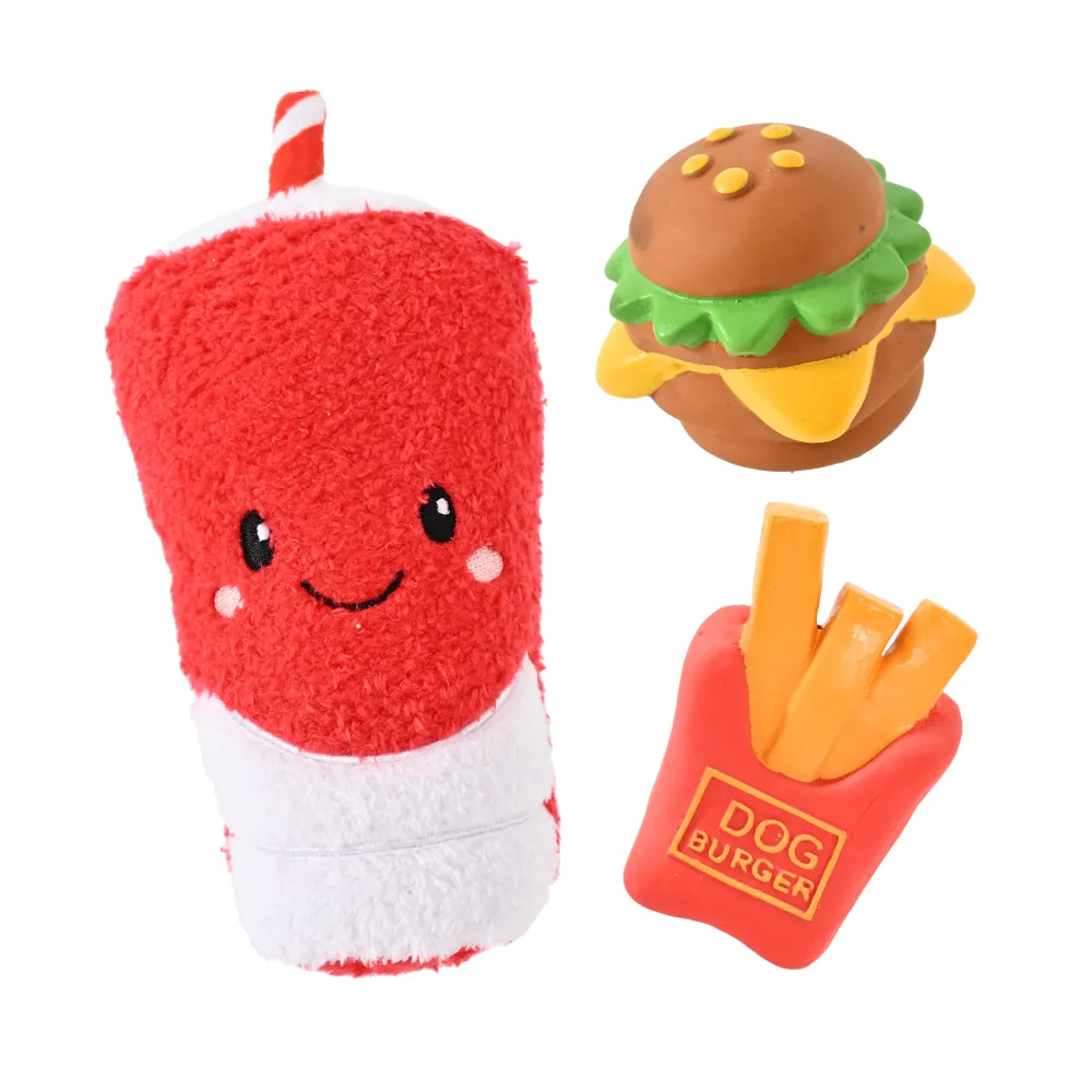 3-Piece Set Squeaky Hamburger Combo Meal Bacon Donut Plush Dog Toy – Fun Food Shaped Squeaky Toy, 48PcsCarton
