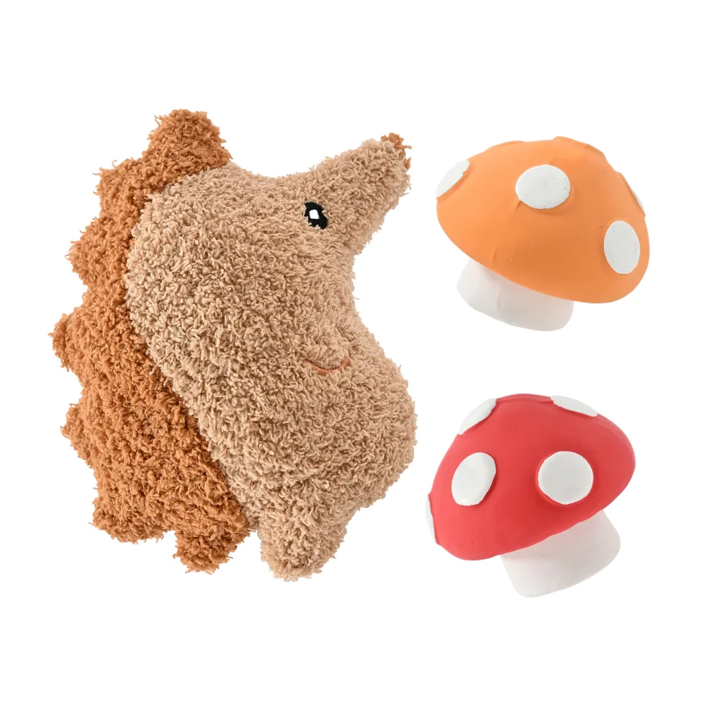 3-Piece Set Squeaky Hedgehog and Mushroom Style Dog Hedgehog and Mushroom Plush Dog Toy – Woodland Animal Play Toy, 48PcsCarton