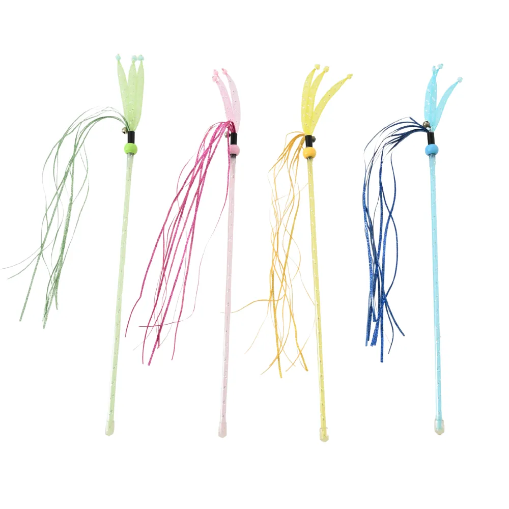 4-Color Mixed Elastic Mesh Cat Teaser Wand with Ribbons and Bells1_Cat Teaser Wand, 4 Colors Assorted, 50pcsCarton
