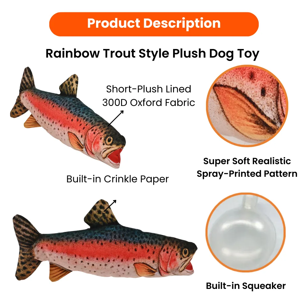 Realistic Durable Squeaky Rainbow Trout Style Plush Dog ToyRainbow Trout Plush Dog Toy, 24 pcsCarton