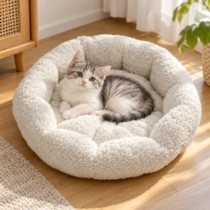 2_Round Cat Bed for Indoor Cats, White, 10pcsCarton